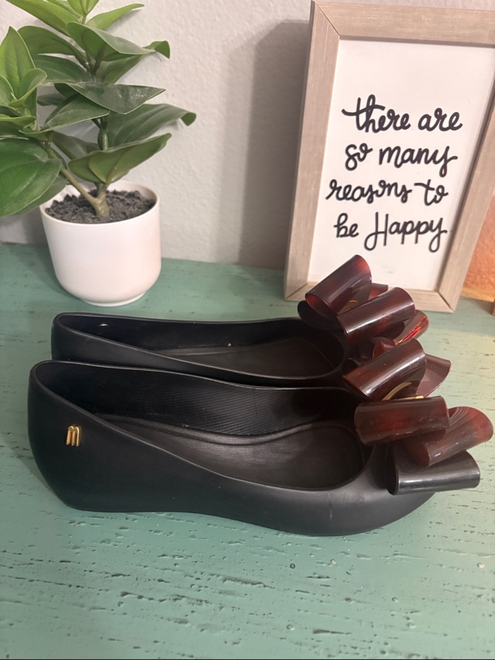Melissa Black Flats with Dark Brown Tortoiseshell Bow - Picture 3 of 6